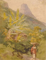 A Brazilian woman carrying a basket of fruit on her head, with Sugar Loaf beyond